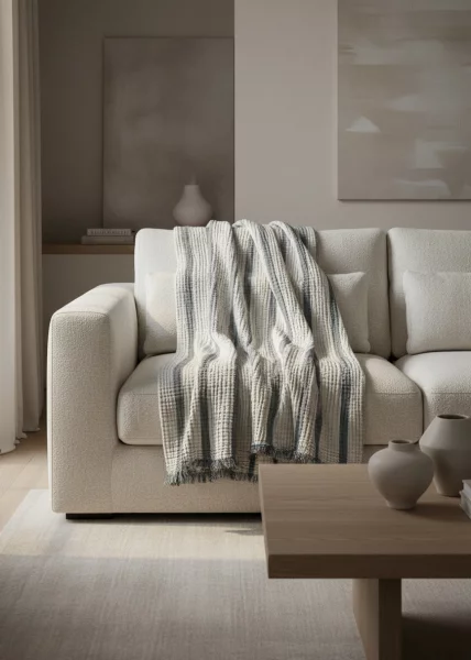 Муслиновое покрывало в полоску, 180x240, хлопок, экрю/синее фото №1