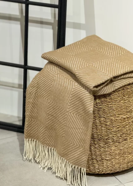 Плед декоративный шерстяной, 140х220, 80% шерсть мериноса, 20% нейлон, белый/бежевый фото №5