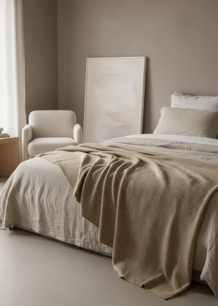 Плед декоративный шерстяной, 140х220, 80% шерсть мериноса, 20% нейлон, белый/бежевый фото №1