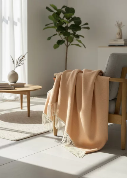 Плед декоративный, 140х220, новозеландская шерсть, белый-коралл фото №4