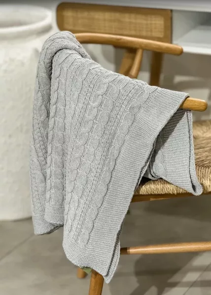 Плед декоративный вязаный Косичка, хлопок, 130х170, серый фото №2