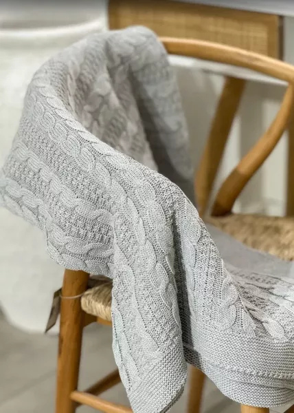 Плед декоративный вязаный Косичка, хлопок, 130х170, серый фото №1