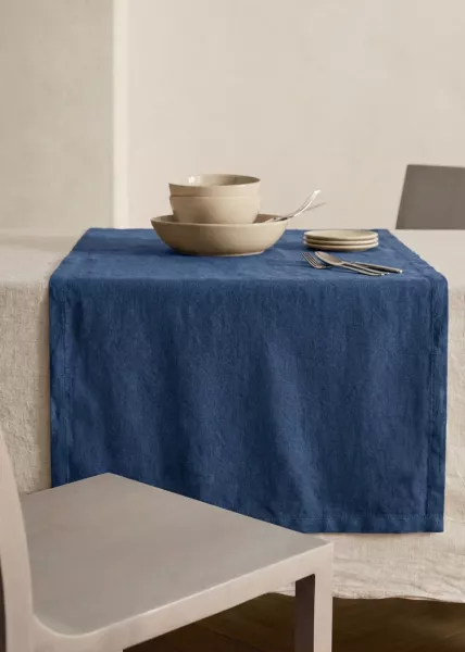 Дорожка на стол, 40х140, лен, синяя фото №1
