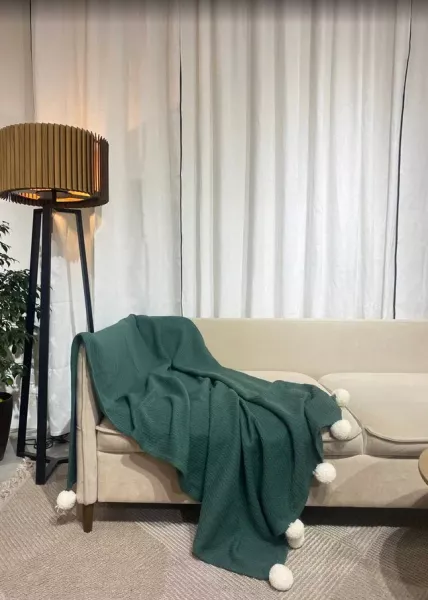 Плед декоративный с помпонами, 120х220, хлопок, изумрудный фото №1