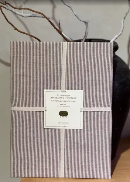 Скатерть Tezza круглая, 180 см, хлопок, бежевая в тонкую полоску фото №2