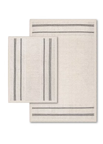 Набор из 2 ковриков для ванной из натурального хлопка, 60x100+50x60 см, молочный  в серую полоска
