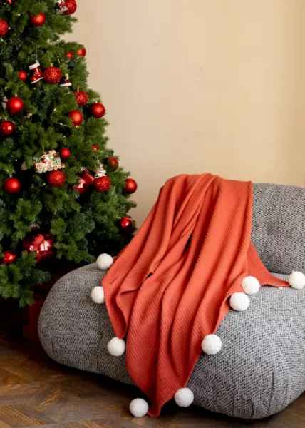 Плед декоративный с помпонами, 120x220, терракотовый фото №1