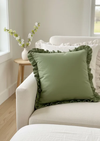 Декоративная подушка Olive с воланами, 50x50, хлопок, оливковая фото №1