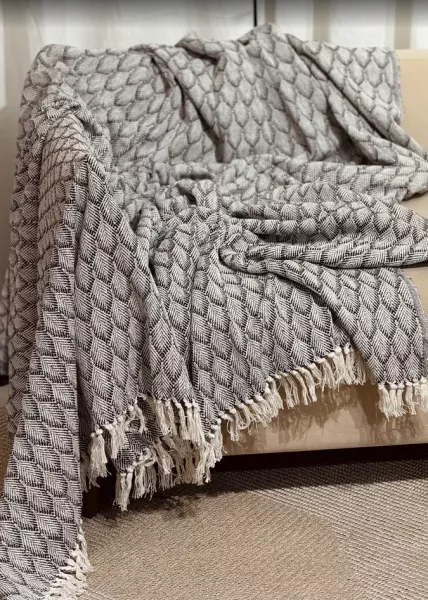 Плед декоративный Leaves с кисточками, 220х240, хлопок, черно-белый фото №4