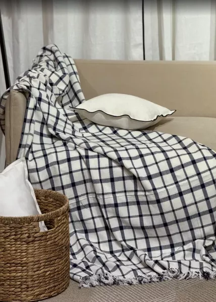 Плед декоративный Plaid, 220х240, хлопок, сине-бежевый фото №1