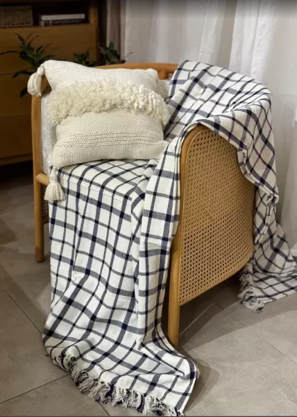 Плед декоративный Plaid, 220х240, хлопок, сине-бежевый фото №7