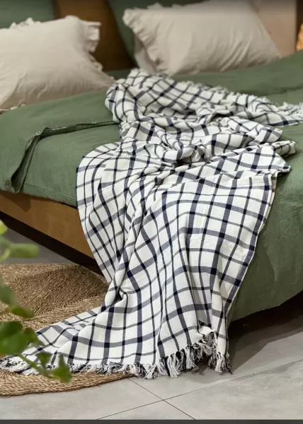 Плед декоративный Plaid, 220х240, хлопок, сине-бежевый фото №8