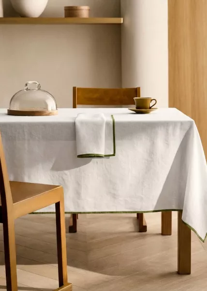 Скатерть с кантом олива из натурального льна 150х200 см, белая фото №1