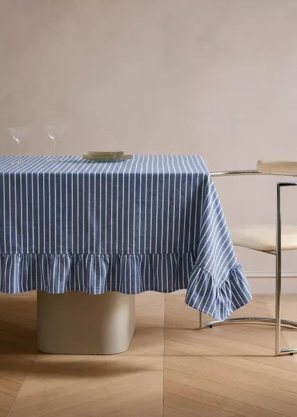 Скатерть с воланами Cruise, 166х166 см, 100% хлопок, синяя в белую полоску