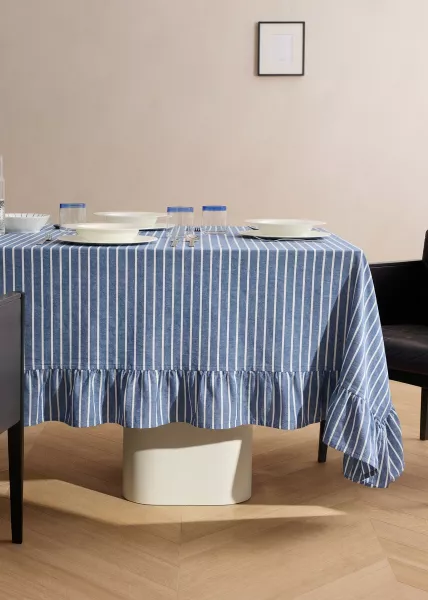 Скатерть с воланами Cruise, 166х256 см, 100% хлопок, синяя в белую полоску