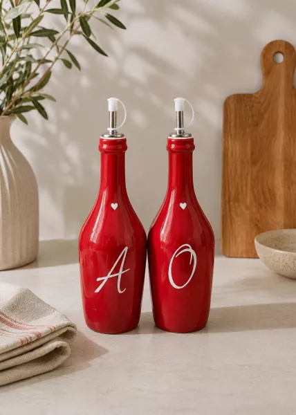 Набор керамических бутылок для масла и уксуса Love Olio, 400 мл, 2 шт., керамика, красный фото №1